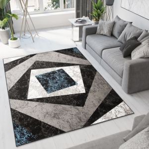 TAPISO Tapis Salon Poil Court DREAM Bleu Gris Noir Carreau 300 x 400 cm 100% Polypropylène Intérieur