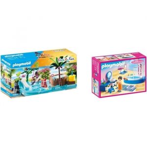 PLAYMOBIL 70611 Pataugeoire avec Bain a Bulles- Family Fun- Le Parc Aquatique & 70211 Salle de Bain avec Baignoire - Dollhous