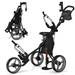 COSTWAY Chariot de Golf Pliable 3 Roues-4 Hauteurs Réglables-Siège Hydraulique-Porte-Parapluie Réglable-Porte-Boisson-Sac-Gris