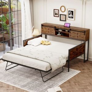 Canapé-Lit Gigogne Fer 90x200cm - Noir/Marron - Multi-Rangements & Prises - Adolescent - Sans Matelas