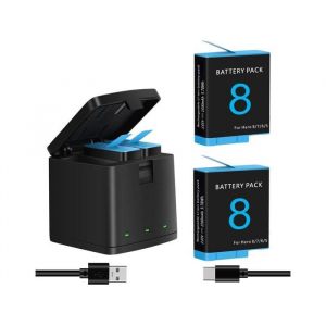 Lot de 2 batteries pour Gopro Hero 8 7 6 5 Black chargeur de batterie et chargeur de stockage USB LED &agrave; 3 canaux