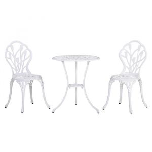 Outsunny Ensemble Salon de Jardin 2 Places 2 chaises + Table Ronde Fonte daluminium Imitation Fer forg&eacute; Blanc