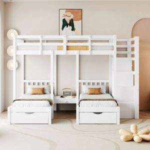 Lit superposé enfant 3 places 90x200cm Lit triple Lit simple bois avec Table de chevet Tiroirs Échelle de rangement