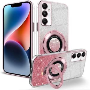 Coque pour SAMSUNG GALAXY A05S et 2 vitres en verre trempé anneau rotatif strass - rose