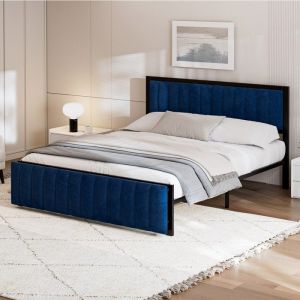 Lit adolescent Lit adulte 140 x 200 cm cadre en fer lit double avec tête de lit rembourrée et repose-pieds (pliable) - Bleu