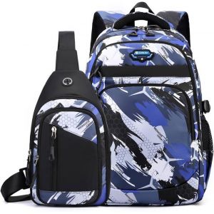 Sac a Dos College ado Garcon Set de 2 Pièces Grande Cartable Garcon Primaire Sacs à Dos Impermeable 9 à 16 Ans Camouflage Bleu