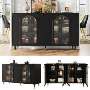 Buffet moderne et élégant Buffet bahut 140x40x85cm 4 porte en verre Meuble buffet bas pour salle à manger salon et cuisine