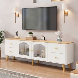 Meuble TV 2 Portes Verre Trempé Design Incurvé Rangement Salon Salle À Manger Entrée Déco Bois Blanc Meuble Moderne