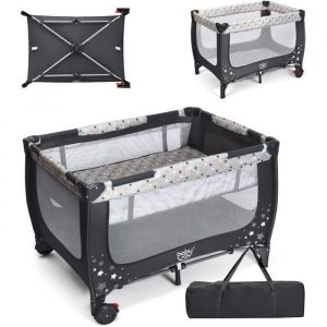 DREAMADE Lit B&eacute;b&eacute; Parapluie Pliable 2 Niveaux avec Matelas et Sac de Transport 2 Roues avec Freins pour B&eacute;b&eacute; 0-36Mois Gris