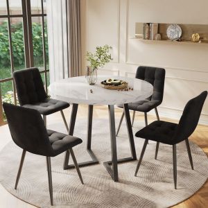 Table a manger + 4 Chaise salle a manger Diam&egrave;tre 80 cm pieds en m&eacute;tal noir plateau en MDF blanc chaise en velours noir