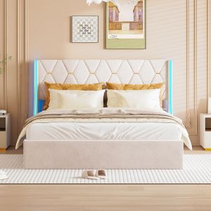 Lit coffre 140 x 190 avec sommier lit 2 personnes avec t&ecirc;te de lit capitonn&eacute; LED lit 140 x 190 lit adulte velours beige