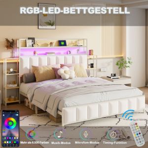 Lit double 160 × 200 cm lit avec LED tête de lit avec étagère de rangement cadre de lit en fer revêtement en simili cuir blanc