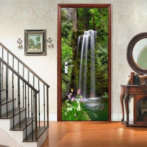 Sticker Porte Autocollant Poster De Porte 3D Cascade dans La Forêt Tropicale Poisson dans LÉtang Nature Paysage Affiche De Porte