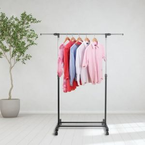 YIS Portant à Vêtement INOX Multi-usage sur Roulettes - avec Barre Extensible + Étagère à Chaussures Gain de place