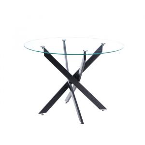 Table de salle &agrave; manger ronde avec plateau en verre et pieds en m&eacute;tal noir - Hauteur 75 x Diam&egrave;tre 110 cm