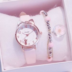 Coffret Montre Fille et Bracelet Fille - Cadeau pour enfants - Chat jolie quartz etanche rose