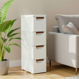 Meuble de Rangement 42x19x74 cm Commode &agrave; 4 Tiroirs avec 4 Roulettes Silencieuses - pour Salle de Bain Salon - Plastique - Blanc