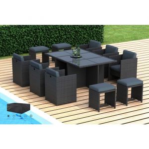 AZUR - Salon de jardin encastrable 10 places - en r&eacute;sine tress&eacute;e - Noir avec coussins gris - HOUSSE INCLUSE !