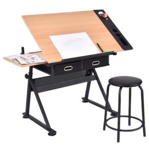 GIANTEX Table à Dessin en MDF Inclinable avec Tabouret Bureau à Dessin avec 2 Tiroirs Hauteur Réglable pour Peinture