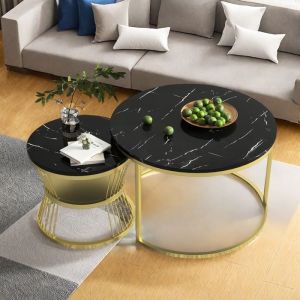 Table Basse Scandinave Table - Lot de 2 Tables Gigognes - Table dAppoint - Surface en Bois Massif Marbr&eacute; - Pieds en M&eacute;tal - Noir