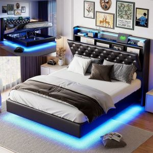 Lit double 140x200 cm NMONET LED USB et Type C lit flottant tissu PU cadre de lit coffre 140x200 cm lit 140x200 cm noir