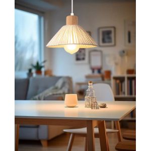 iDEGU Lampe Suspension Vintage22cm Lustre Luminaire Industriel Abat-jour en Rotin Blanc Lampe de Plafond Rétro pour Salon Chambre