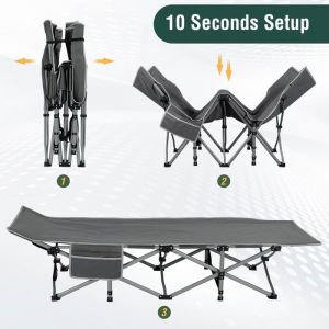 Lit de Camping Pliable Tête Inclinée Poche de Rangement Latérale Lit de voyage Lit 1 Place Lit d’Appoint Pliable190x72x35cm Gris