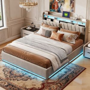 Lit 140x190 cm avec LED et USB - XLCW - lit coffre 140x190 avec sommier à lattes - cadre de lit adulte - tissu en velours - gris