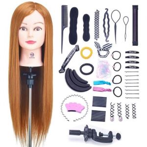 Tête a coiffer professionnelle Cheveux Fibre Synthétique Tête Mannequin Maquillage avec Table Support et Ensemble de Tresse C414
