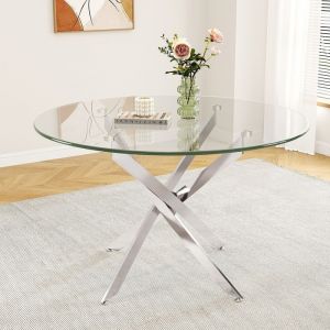Table &agrave; Manger Ronde 4 Personnes Pied Araign&eacute;e et Plateau VerrePied Chrom&eacute; ArgentTable de Salle &agrave; Manger pour Salon90x90x75cm