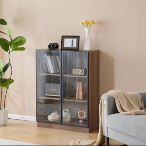 Vitrine en verre avec &eacute;clairage 3 &eacute;tag&egrave;res Meuble de collection Couleur Noyer naturel 32&times;106&times;80 cm