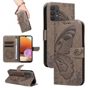 Papillons Housse Pour Samsung Galaxy A32 5G Etui Portefeuille Antichoc Housse avec Porte-Cartes Fonction de Support Gris