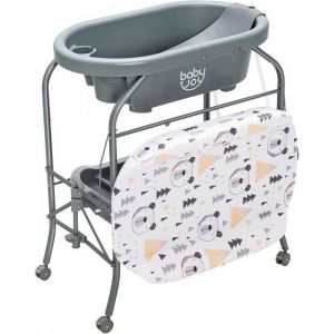 GOPLUS Table à Langer Bébé 0-12 Mois avec Baignoire 20L-Roulant et Pliable avec Espace de Rangement-Charge 35KG Gris