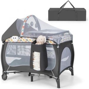 DREAMADE 5 en 1 Lit Bébé avec Table à Langer Lit Parapluie avec Matelas & Moustiquaire 3 Jouets Mignons & Boîte à Musique Coloré
