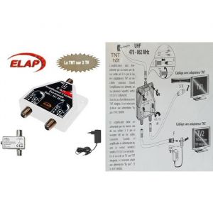 Pack amplificateur distributeur TNT RÉGLABLE 40 dB 1 entrée–2 sorties TV (ELAP) + Adaptateur d’Alimentation CATV pour antennes