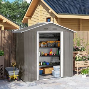 Abri pour jardin m&eacute;tal Gris - Cabane de Jardin avec Porte Coullissante et 4 Fen&ecirc;tres rang&eacute; Outils V&eacute;los Meubles de jardin