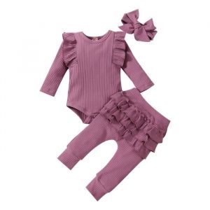 Ensemble de v&ecirc;tements 3 pi&egrave;ces pour b&eacute;b&eacute; fille &agrave; volants en dentelle en coton body + pantalon + bandeau Violet