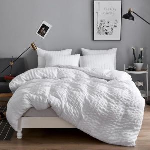 Housse de Couette Seersucker - Marque - Blanc - 200x200 - Parure de lit 2 Personne avec Fermeture &Eacute;clair