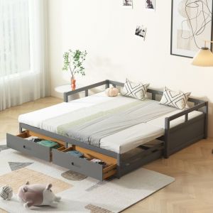 MODFU Lit gigogne 90 / 180 x 200 cm canapé lit extensible avec tiroirs et sommier à lattes en Pin gris