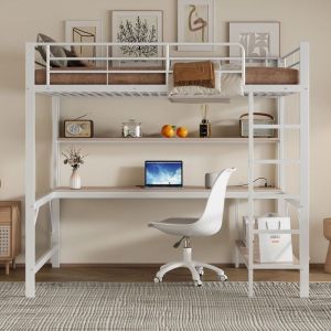 Lit mezzanine 140x200 cm en m&eacute;tal avec bureau et &eacute;clairage LEDLits superpos&eacute;s 2 personne avec USB et &eacute;tag&egrave;re enfant adulteblanc