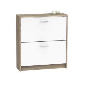 Meuble &agrave; chaussures de 2 portes 12 paires coloris Blanc/Ch&ecirc;ne cambrien - Longueur 74 x Profondeur 25 x Hauteur 82 cm