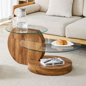 Table Basse Moderne en Verre Trempé à Plusieurs Niveaux Table Ronde Transparente pour Salon Structure en MDF Couleur Bois