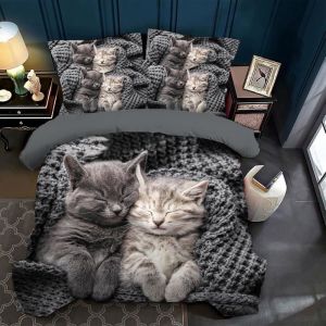Housse De Couette 220x240 ChatEnsemble Deparure De Lit en Chatavec Fermeture Éclair Housse De Couette +2 Taies doreiller50x75Cm