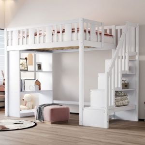 Lit mezzanine 90x200 structure bois massif escalier rangements sécurisé garde-corps tiroirs