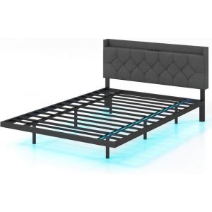 GOPLUS Structure de Lit Double 140x200CM Design Flottant avec Lumières LED RVB/Tête Rembourrée/Station de Chargement Charge 300KG