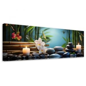 Impression sur toile Orchid&eacute;e Zen Spa 120x40cm Tableau D&eacute;co Mural Image Photo Murale Bureau Couloir Spa Bougies Pierres DIY Cadre