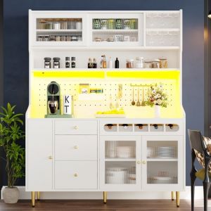 Buffet haut salle &agrave; manger -Meuble vaisselier cuisine avec &eacute;clairage LED -Armoire vitrine -&eacute;tag&egrave;re &agrave; vin 145&times;39&times;171 cm blanc