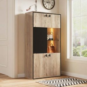 Armoire de rangement - LANGTU - 150 cm - Effet bois clair - Porte coulissante - &Eacute;tag&egrave;re en verre