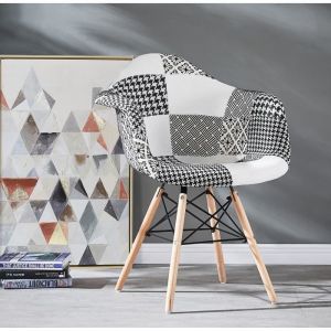 Chaise Scandinave - LIFE INTERIORS - Avec Accoudoirs - Tissu Patchwork Noir & Blanc