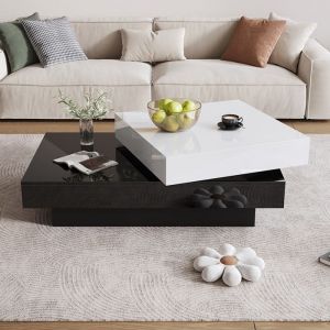Table basse pivotante avec coutures Noires et Blanc avec surface brillante table centrale à double couche en aggloméré